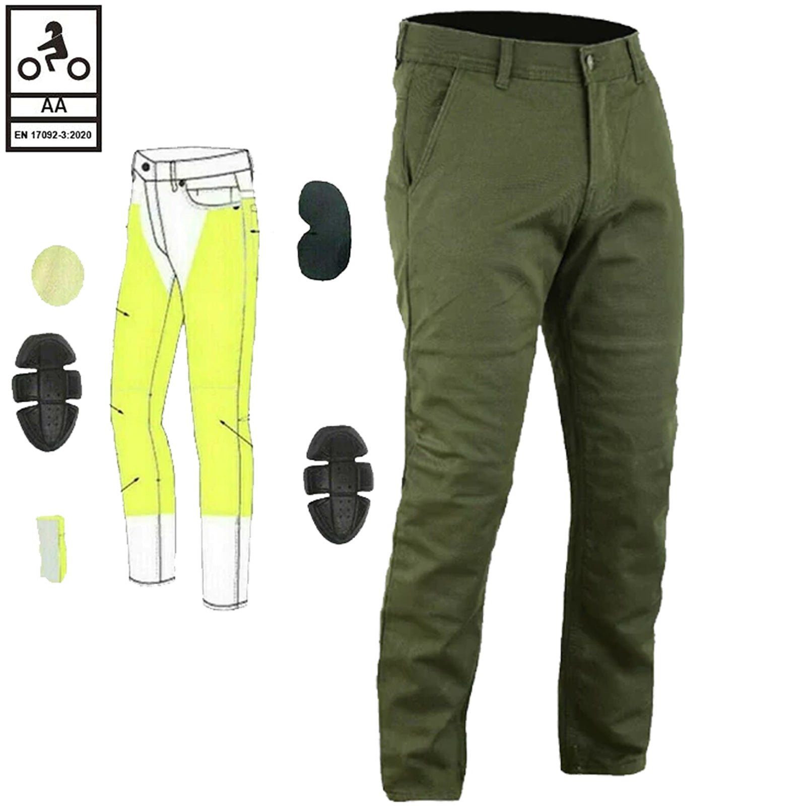 Bikers Gear Australia Stork Herren-Motorradhose Chinos mit Kevlar-Futter, Olivgrün