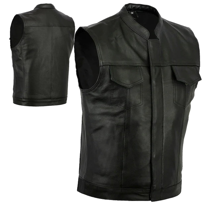 Gilet Jeans Uomo Biker Gilet In Pelle Per Motociclista Rocker LW26 - Nero Con Tasche E Fodera In Satin Gilet Pelle Motociclista - Foto 5