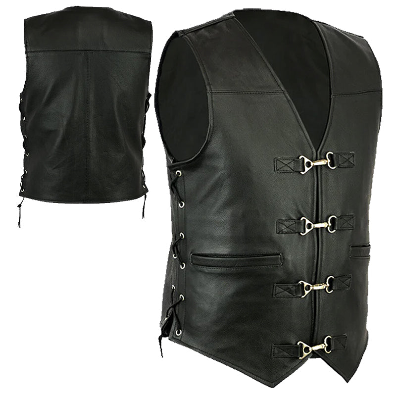 Gilet In Pelle Per Motociclisti: Nero, Con 3 Fibbie, Robusto E Stiloso, Perfetto Sopra Una Giacca.